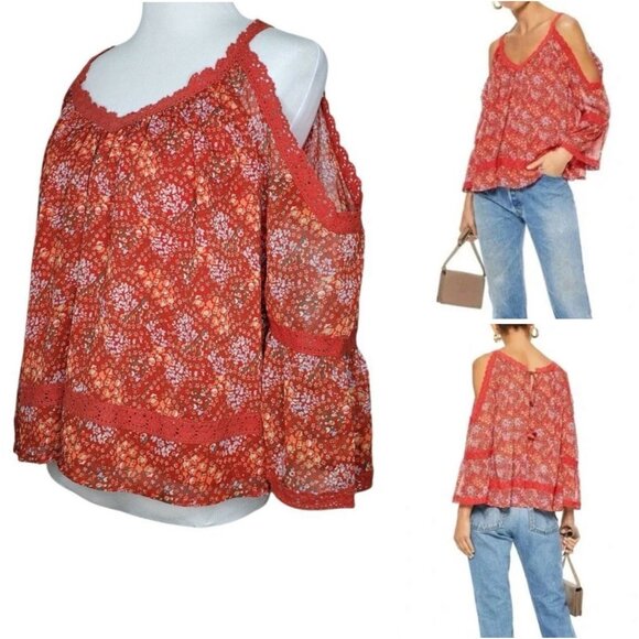 Rebecca Minkoff Blouse Size XS Boho Floral Flowy Cold Shoulder Deneuve Orange - Picture 1 of 12